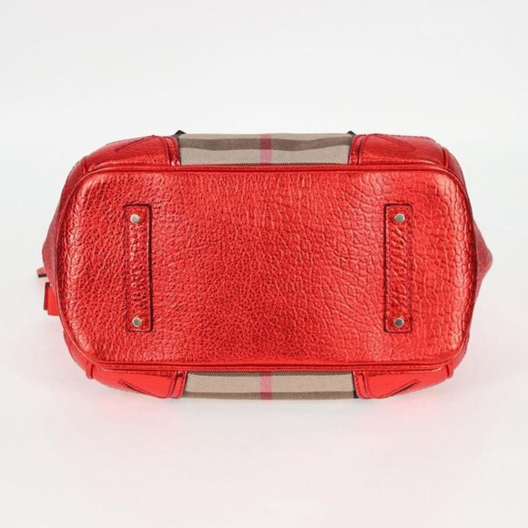 BURBERRY Nova Check Hand Bag Canvas Leather 2way Red Gold Auth - Picture 13 of 16